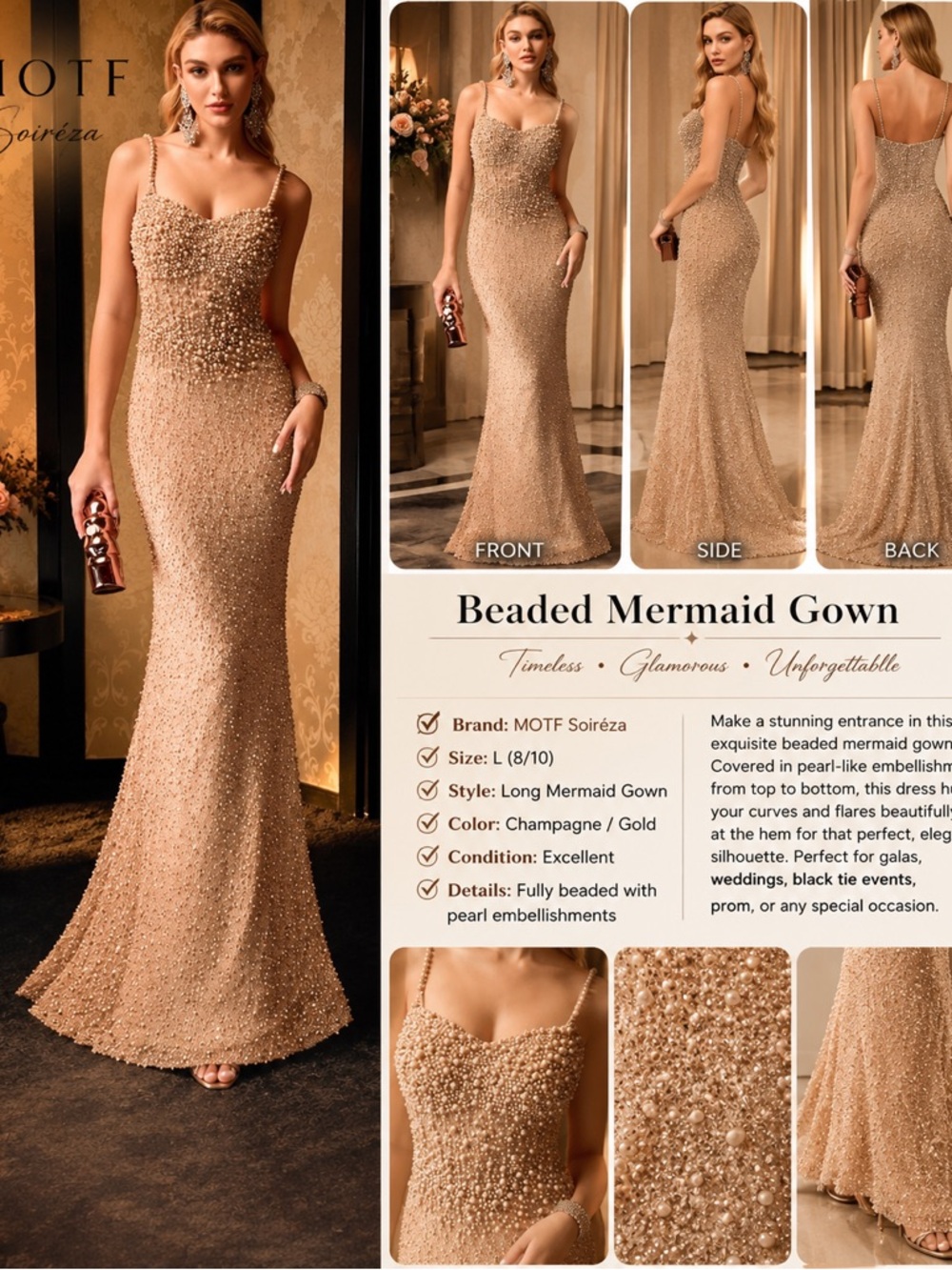 MOTF Soiréza Beaded Mermaid Gown Champagne Size L 8/10